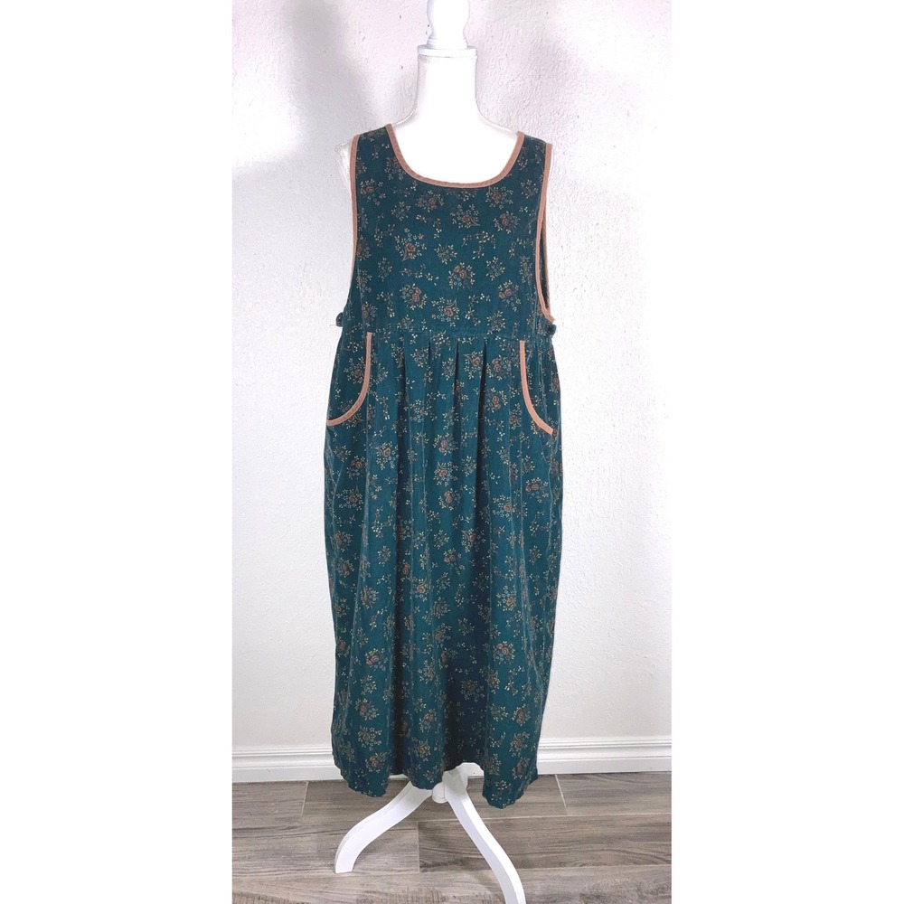 Erika & Co Womens Green Floral Corduroy Jumper Dress Cottagecore Sleeveless L